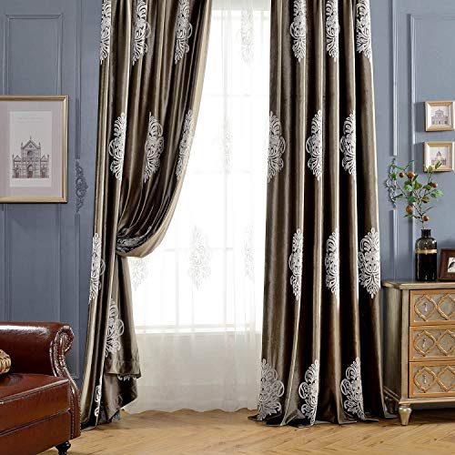 VOGOL Super Soft Luxury Velvet Blackout Curtains, Grommet White Flower Embroidered Soft Chocolate Brown Flannel Draperies for Living Room, 52 x 96 Inch, 2 Panels, Noise Reduction - size: 52"W x 96"L (Pack of 2)