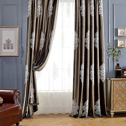 VOGOL Super Soft Luxury Velvet Blackout Curtains, Grommet White Flower Embroidered Soft Chocolate Brown Flannel Draperies for Living Room, 52 x 96 Inch, 2 Panels, Noise Reduction - size: 52"W x 96"L (Pack of 2)