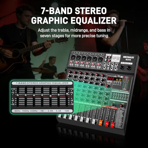 Audio Mixer 8 Channel Professional Sound Console Music Mixer with 320 DSP Effects, 7-band EQ DJ Mixing Board w/USB, Bluetooth, 48V Power Supply, PAD Button for Recording Karaoke PA Drum Live - size: 8 Channel - 13.3in