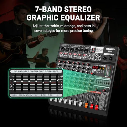 Audio Mixer 8 Channel Professional Sound Console Music Mixer with 320 DSP Effects, 7-band EQ DJ Mixing Board w/USB, Bluetooth, 48V Power Supply, PAD Button for Recording Karaoke PA Drum Live - size: 8 Channel - 13.3in