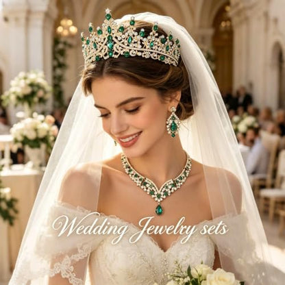 Tiaras Crowns for Women,Wedding Jewelry Set, Tiaras Necklace Earrings Crystal Bridal Wedding Jewelry Sets for Brides Bridesmaid Prom Costume Accessories - color: Gold Green
