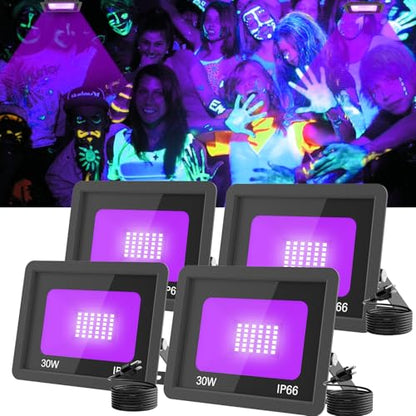 T-SUN 30W LED Black Lights 4 Pack, Blacklight Flood Light with Plug | Outdoor Waterproof Black Flood Lights for Halloween Decoration, Neon Glow for Party Fluorescent Poster, Body Paint