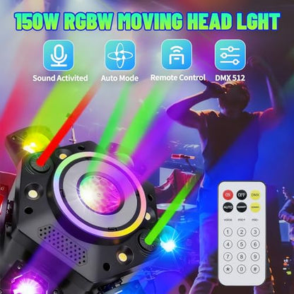 Moving Head DJ Lights, 6 Arm RGBW LED 150W Disco Stage Light with Mixed Lighting Effects, Sound Activated, DMX 512 Remote Control DJ Lights for Disco Club Wedding Party (Mixed Light)