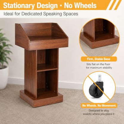 Wood Podium, Floor Standing Podium Speaking Lectern Stand, Portable Podium Stand with Storage, Wooden Podium Pulpit for Churches Classroom Office - size: Without Wheels