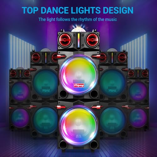 Portable Wireless Party Bluetooth Speaker with Dual 10" Woofers | 80W Rechargeable PA System with Bass/Treble, Wired Microphone, Flashing Light, TWS, FM, REC, Telescopic Pull Rod, Wheels - size: Dual 10'' Woofers