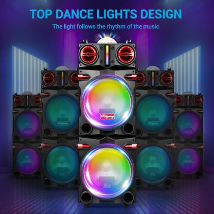 Portable Wireless Party Bluetooth Speaker with Dual 10" Woofers | 80W Rechargeable PA System with Bass/Treble, Wired Microphone, Flashing Light, TWS, FM, REC, Telescopic Pull Rod, Wheels - size: Dual 10'' Woofers