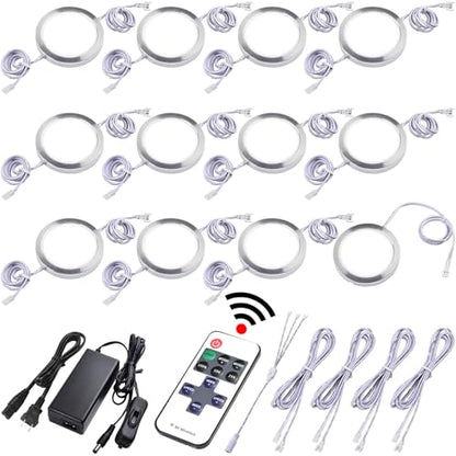 Small LED Puck Lights for Uplight or Downlight, 120V Hardwired & Plug in Cabinet Lights Kit, Wireless RF Remote Control Dimmable, Daisy Chained Linkable, White Wires, Daylight, 12 Lights - color: 12 Lights, Daylight