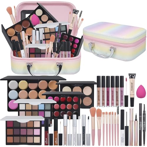 Pomcral All In On Makeup Kit Makeup Set For Teens, Women, Girl and Beginners Includes Eyeshadow Concealer Palette Lip Gloss Set Lipstick Eye Pencil Makeup Brushes - color: multicolor