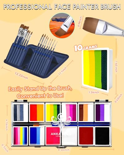 Anka Bella Face Painting Kit for Kids & Adults, Split Cake Water Activated Face Paint Palette with 14 Brushes,Non Toxic Hypoallergenic Washable Face Paint for Drawing Tiger,Lion,Dinosaur,Spider - color: ZooDazzle Palette