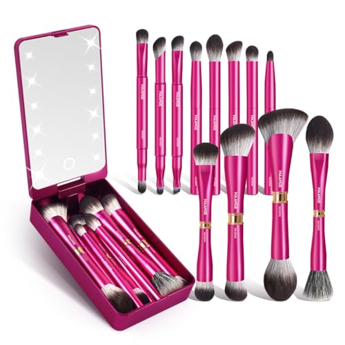 MAANGE Makeup Brushes 12 Pcs Double-ended Kabuki Brush Travel Makeup Brushes for Foundation Powder Concealers Eye Shadows Makeup Tools Set with LED light Mirror (Pink) - color: Pink