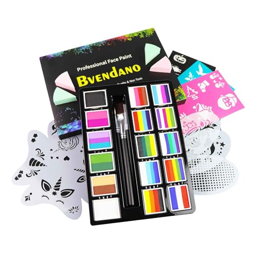 16x10 gm Face Paint Professional Face Painting Kit for Adults with Stencils, Water Based Facepaint One Stroke Split Cake Palette Rainbow Body Paint Party Halloween Makeup Set