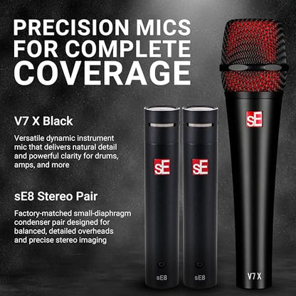 SE ELECTRONICS V Pack Arena Black Drum Mic Kit for Toms, Snares & Bass Drums - Includes 1 V Kick, 3 V Beats, 3 V Clamps, 1 V7 X Instrument Microphone, 2 sE8 Condensers & More - color: V Pack Arena Black
