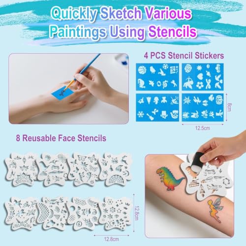 42 Color Face Painting Kit – Water Activated Facepaint Makeup Set | Non-Toxic Washable, Professional Face Paint with Stencils, Gems, Brushes– for Kids, Adults, Halloween, Costume, Party, Makeup