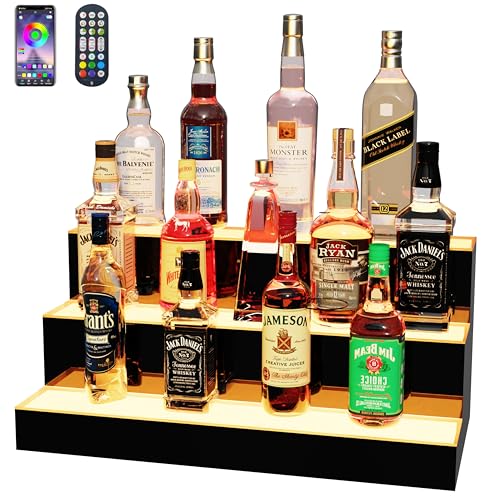 MESAlLUP 24 Inch 3 Tier Lighted Liquor Bottle Display Shelf, LED Bar Shelves with APP or Remote Control, Mulit Color Lighting for Home Mini Bars Decor, Restaurants & Party Use, Acrylic Stand - size: 3 Tiers 24 inches