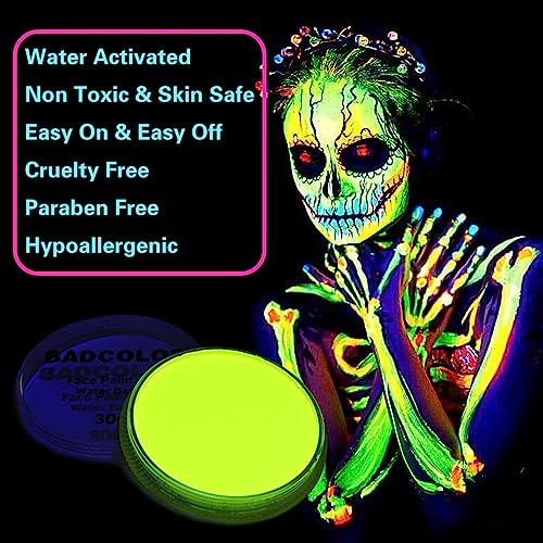 Neon Yellow Face Body Paint(30g/1oz), Water Based UV Blacklight Fluorescent Art Painting Makeup Kit for Music Festivals, Parties, Nights Out, Halloween Costume & Cosplay - color: Neon Yellow