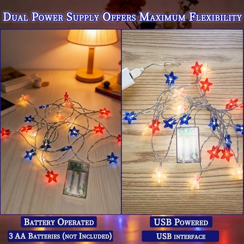 Red White Blue Patriotic String Lights 20FT 40 LED Star Fairy Lights USB and Battery Operated 2 Lighting Modes IP42 Waterproof Indoor Outdoor All Season Americana Decor for Bedroom Desk Patio Camping - style: 4th of July Lights