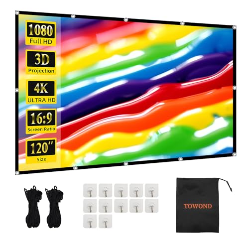 TOWOND 120 Inch Foldable Projector Screen for Wall, Front/Rear Projection | Stand-free screen uses 12 grommets, ropes and adhesive hooks; foldable front/rear design fits walls and garage doors.