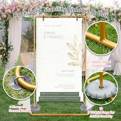 Meiqi Gold Adjustable Wedding Welcome Sign Stand with 4 Leather Hanging Straps, Ground Stakes & Weight Bag - Large Easel for Wedding Signs, Posters, Banners - Perfect for Outdoor Events, Baby Showers - color: Gold