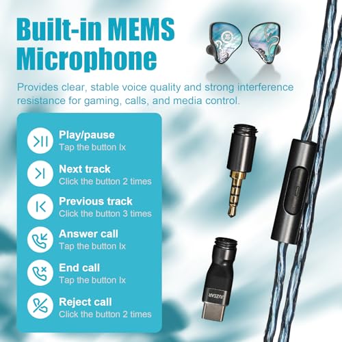 HiFiGo Juzear Defiant Gamefidelity Edition Gaming IEMs, 1DD+3BA Hybrid Driver Wired Earbuds, Noise Isolating in‑Ear Monitors with HD Mic, Swappable 3.5mm/USB‑C for PC/PS5/Switch/Mobile (Blue) - color: Blue