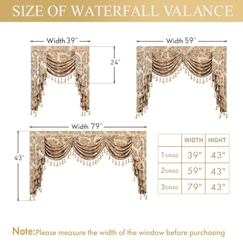 Leeva Waterfall Valance 79x45, Extra Wide Damask Swag Curtains with Beaded Tassels, Rod Pocket Window Valance for Living Room Bedroom Kitchen, Beige Luxury European Style - color: *Beige, size: 79"W x 45"L (Pack of 1)