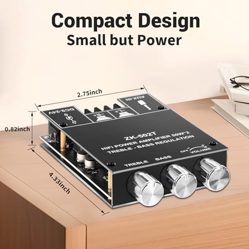 Daakro ZK-502T Bluetooth Amplifier Board,50W+50W 2.0 Channel Amp Board with Treble and Bass Control,DC 12-24V, Bluetooth and AUX Inputs, Audio Amp Board for Home DIY Wireless Speakers, Password Free - color: ZK-502T