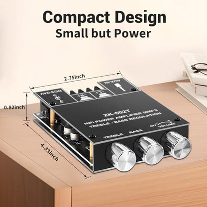 Daakro ZK-502T Bluetooth Amplifier Board,50W+50W 2.0 Channel Amp Board with Treble and Bass Control,DC 12-24V, Bluetooth and AUX Inputs, Audio Amp Board for Home DIY Wireless Speakers, Password Free - color: ZK-502T