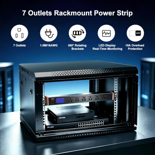 19in 1U Metered PDU Rack Mount Power Strip with Display | Rackmount PDU With 7 Outlets,Digital Meter Shows Real-Time Voltage & Current.15A Overload Protection. 30° Rotating Brackets