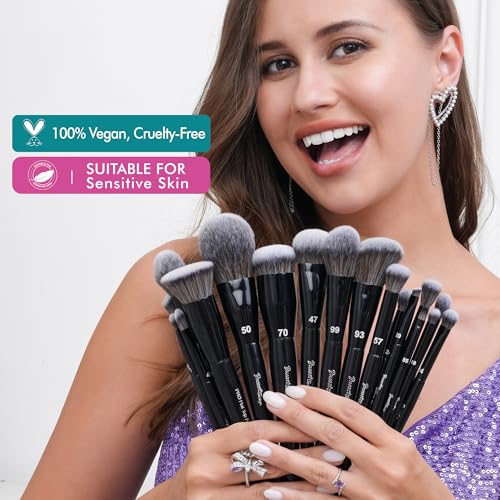 Bueart Design 19Pcs Professional Grade Labeled Makeup Brushes Set, Large Foundation Powder Contour Concealer eyeshadow Blush EyeLiner Make up Brushes,Premium Synthetic hair,Vegan Cruelty-free
