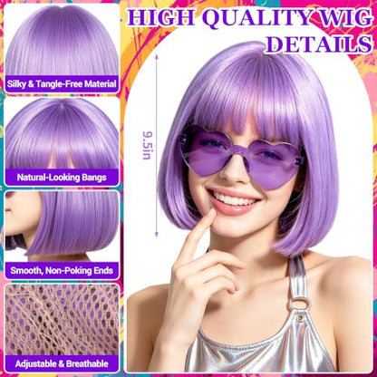 Short Bob Straight Hair Wigs with Bangs, Synthetic Fiber Colorful Hair, Heart-shaped Sunglasses for Women (Blue-Purple) - color: Blue-Purple