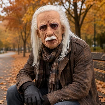Realistic Old Man Full Face Latex Mask with White Hair Beard, Wrinkled Elderly Face Costume for Adults