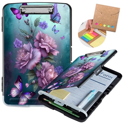 Clipboard with Storage,Heavy Duty Plastic Storage Clipboard with Low Profile Clip,Teacher Must Haves,Office Supplies,Pink Butterfly Flower - color: Pink Butterfly Flower, size: Clipboard B