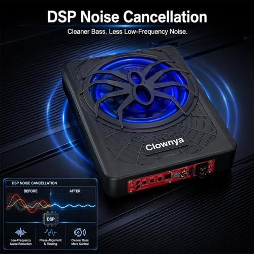 10" 1200W Slim Under-Seat Powered Car Subwoofer with Built-in Amp | Aluminum enclosure, high and low level RCA and speaker inputs, wired remote control, blue LED light, fits truck SUV Jeep MPV