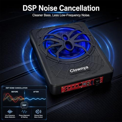 10" 1200W Slim Under-Seat Powered Car Subwoofer with Built-in Amp | Aluminum enclosure, high and low level RCA and speaker inputs, wired remote control, blue LED light, fits truck SUV Jeep MPV