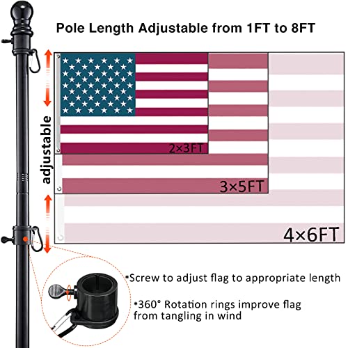 Flag Pole Kit for Outside House in Ground - 8FT Black Metal Outdoor House Yard Garden Flag Pole with 2 Pronges Base - Stainless Steel 3x5FT American Flag with Pole Residential Commercial - size: 8FT(Includes American Flag)
