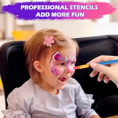 54 Color Face Painting Kit, Face Painting Supplies with Stencils, Gems, Brushes, Sponges, Water Activated Facepaint Makeup Kit for Halloween, Parties, Carnival,School Event