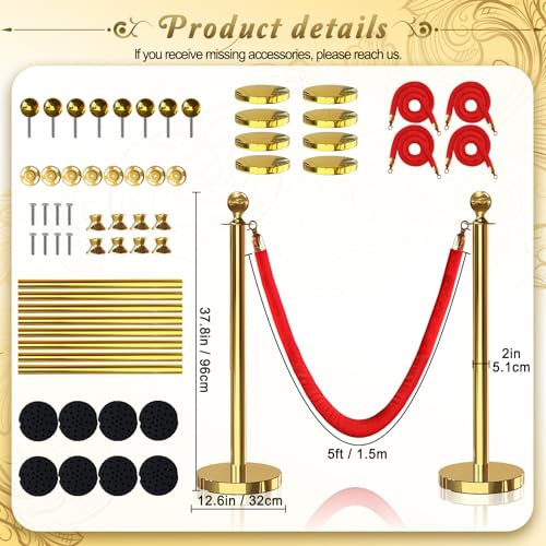8PCS Gold Stanchions Posts with 4PCS 5 ft Red Velvet Rope, Red Velvet Rope Stanchion Set Crowd Control Barriers, Stanchions and Velvet Ropes Red Carpet Poles for Party Supplies - color: Gold, size: 8