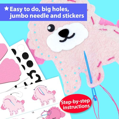 KRAFUN Puppy & Kitten Sewing Kit for Kids Ages 6+ | 8 Dolls | Sew 8 dog & cat stuffed dolls. Instructions & felt included. Great beginner gift for girls & boys learning to sew - color: Puppy & Kitten