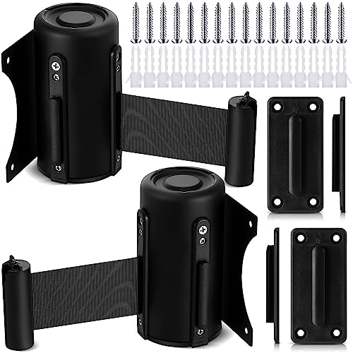 Thyle 2 Pieces Wall Mounted Retractable Belt Barrier Wall Mount Caution Belt with 10 Feet Black Belt Crowd Control Barriers Rope Safety Barriers for Indoor Outdoor Grocery Retail Store Stadium School