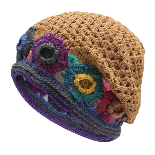 ZLYC Women Cotton Crochet Slouchy Beanie Hat Handmade Knit Summer Skull Cap | Lightweight breathable,boho casual chic look,travel photos festival party,café commute daily wear,beach concert gathering - color: Colorful Flower Shiny Brown