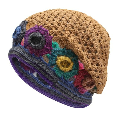 ZLYC Women Cotton Crochet Slouchy Beanie Hat Handmade Knit Summer Skull Cap | Lightweight breathable,boho casual chic look,travel photos festival party,café commute daily wear,beach concert gathering - color: Colorful Flower Shiny Brown