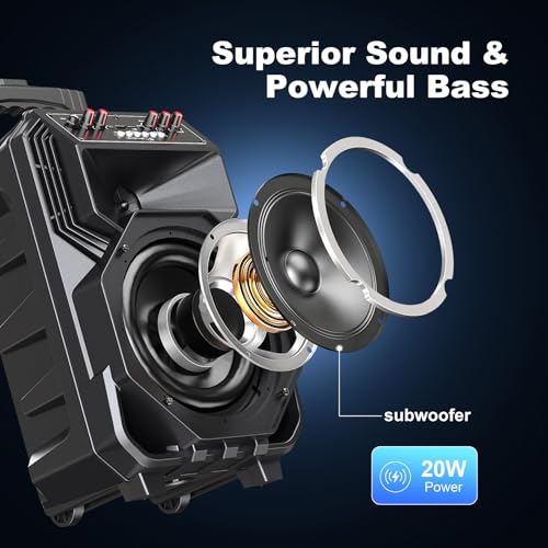 Karaoke Machine with 2 Wireless Microphones, Rolling Wheels and Trolley | 8800mAh Portable Bluetooth Speaker, PA System with Lights, Adjustable Bass/Treble/Echo for Parties, Indoor and Outdoor Use