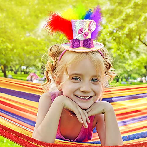 Hikkcos Mini Top Hat Headband with Feathers Mardi Gras Costume Parade Halloween Valentines Day Lollipop Theme Party Supplies - color: Pink