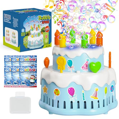 Panamalar Birthday Cake Bubble Machine, Automatic Bubble Blower for Kids Boys Girls 10000+ Bubbles Per Minute with Lights/Music/Solution, Party Cake Bubble Maker Toys for Birthday Outdoor Wedding Gift - color: Blue