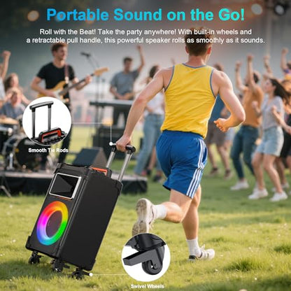 JYX Karaoke Machine with 2 Wireless Mics, 10" Woofer 500W Peak Power Big Portable Bluetooth Speaker with Bass/Treble Adjustment, PA System with Remote Control, LED Lights, Rolling Wheels and Trolley - color: Black