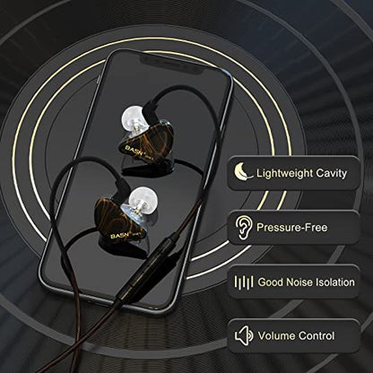 BASN MMCX in Ear Monitor,Triple Driver Musician IEM Headphone,Gold Obsidian | Hybrid 2DD+1BA Driver Drummer Earphone with Powerful Bass,Secure Over-ear Design,4.9ft Detachable Silver-plated & Mic Cables - color: Golden Obsidian