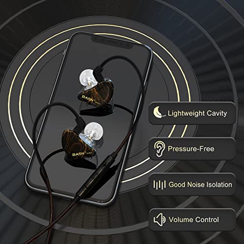 BASN MMCX in Ear Monitor,Triple Driver Musician IEM Headphone,Gold Obsidian | Hybrid 2DD+1BA Driver Drummer Earphone with Powerful Bass,Secure Over-ear Design,4.9ft Detachable Silver-plated & Mic Cables - color: Golden Obsidian