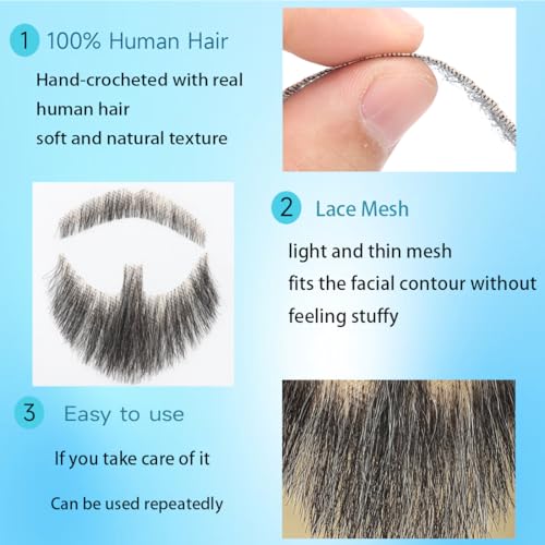 Hand-Tied Human Hair Fake Beard and Mustache for Costumes and Theater | Hand-knotted human hair on lightweight lace creates natural-looking facial hair for costumes, cosplay, theater and film - color: Style 1--02