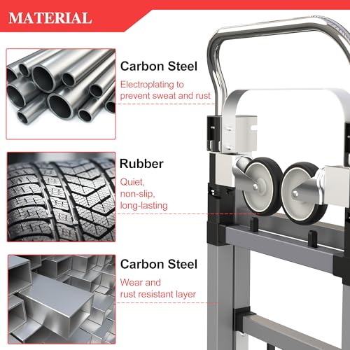 Suzhi Foldable Hand Truck Moving Dolly Cart with 4 Wheels, 500 Lbs Load,2 Straps, Pre-Assembled, Save Room, Easy Folding Dolly for Furniture, Appliances, Boxes, Warehouse & Office Transport - color: Silver