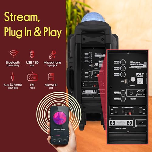 Wireless Portable PA Speaker System - 700 W Battery Powered Rechargeable Sound Speaker and Microphone Set with Bluetooth MP3 USB Micro SD FM Radio AUX 1/4" DJ Lights - for PA/Party - Pyle PSUFM1280B