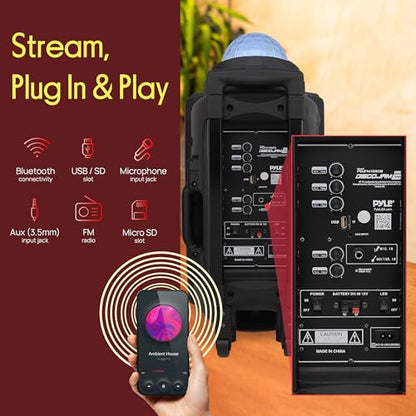 Wireless Portable PA Speaker System - 700 W Battery Powered Rechargeable Sound Speaker and Microphone Set with Bluetooth MP3 USB Micro SD FM Radio AUX 1/4" DJ Lights - for PA/Party - Pyle PSUFM1280B